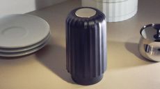 Image of a black, ribbed coffee capsule crusher on a beige countertop. There is a stack of small white plates behind it and a silver dish in view. The image is grainy like film, and there are shadows from the items on the countertop.