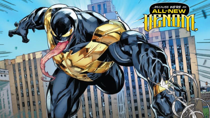 Venom swinging through New York City saying &quot;We&#039;re an all-new Venom!&quot;