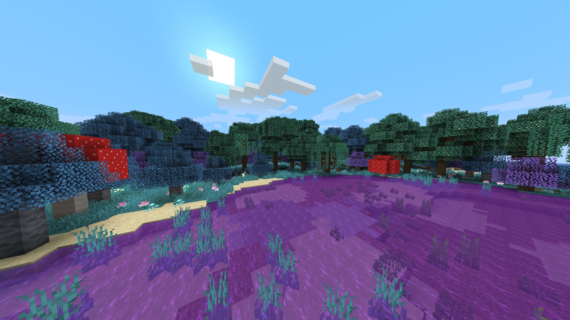 Minecraft mods - Biomes O'Plenty - A forest with a purple pond and purple oak trees.