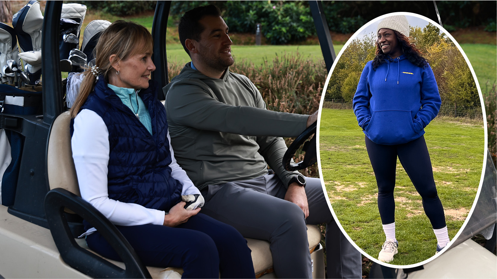 Couple in golf buggy and Genelle Aldred