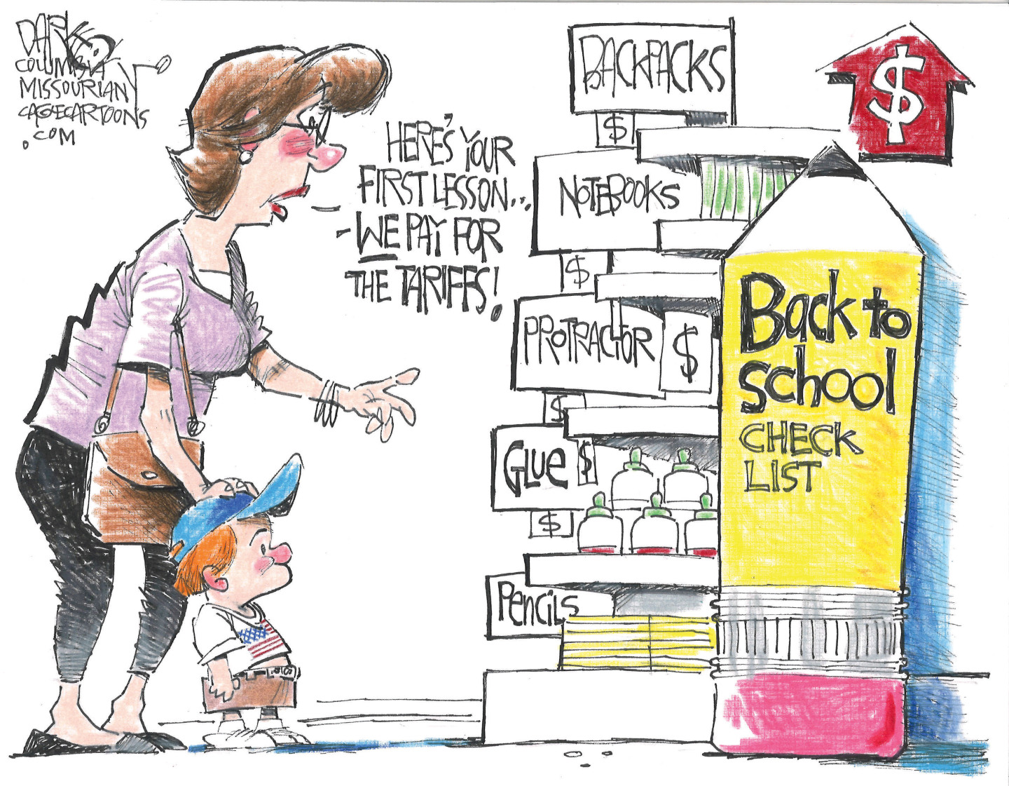 This cartoon depicts a woman and her young son doing back-to-school shopping. They are looking at backpacks, notebooks, protractors, glue, and pencils. The woman says, “Here’s your first lesson. We pay for the tariffs!”