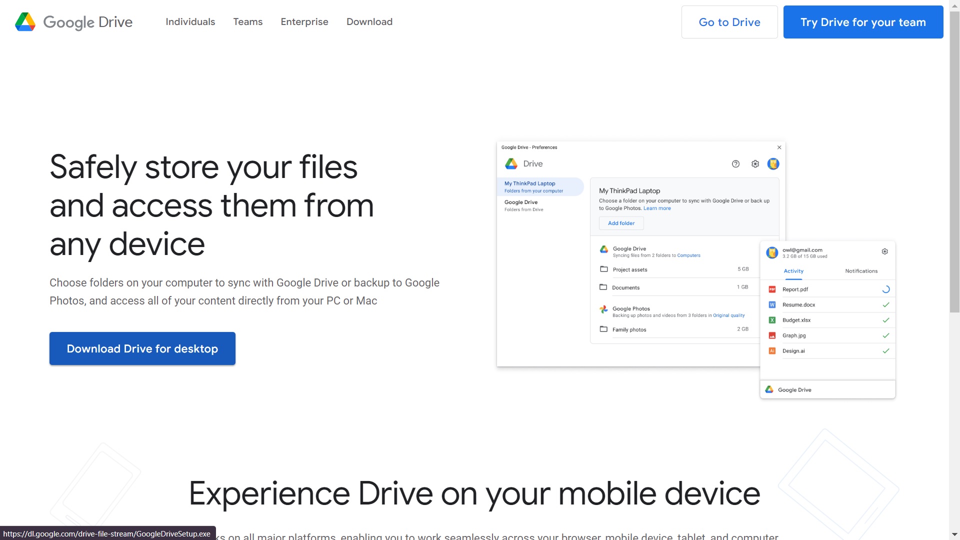 Página de descarga de escritorio de Google Drive en la web