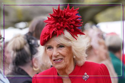 a close up of Queen Consort Camilla wearing a red hat and blazer and smiling at crowds