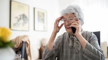 Senior gray-haired woman talking on her mobile phone