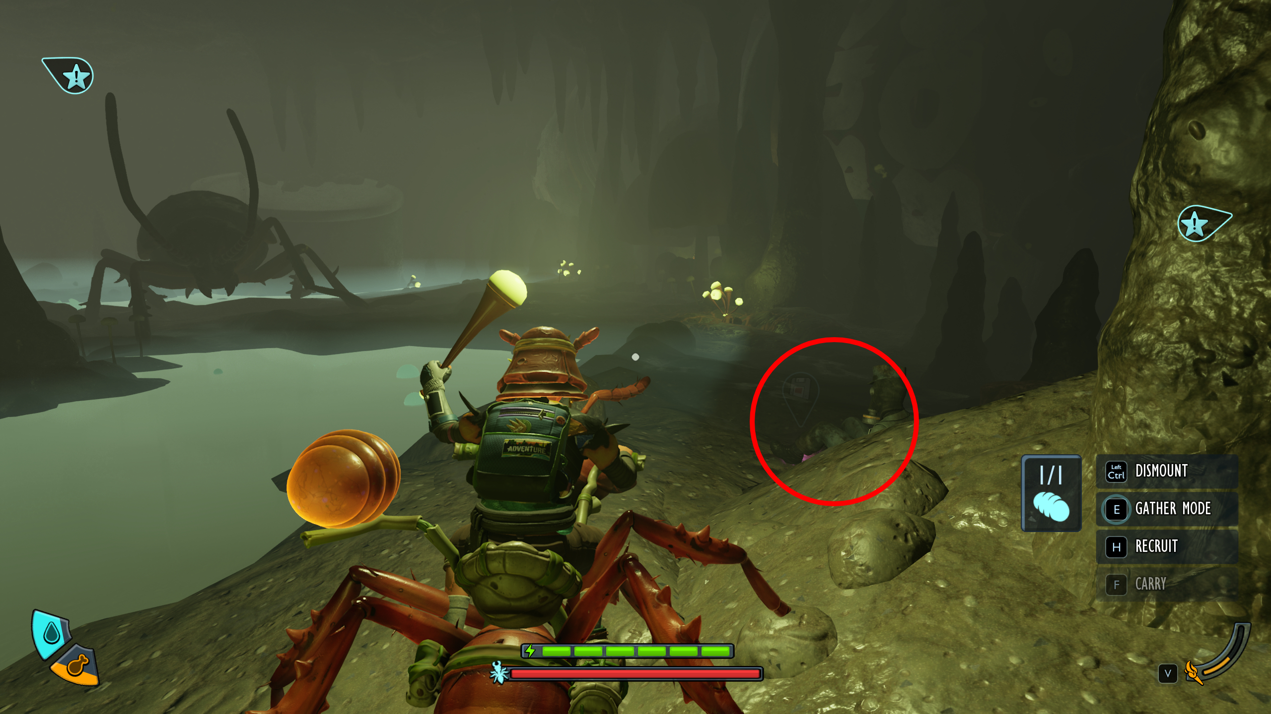 Grounded 2 missing optical disk locations: A character riding an ant inside the Cockroach Queen's cave, with a red circle highlighting the disk drive on the ground nearby. 