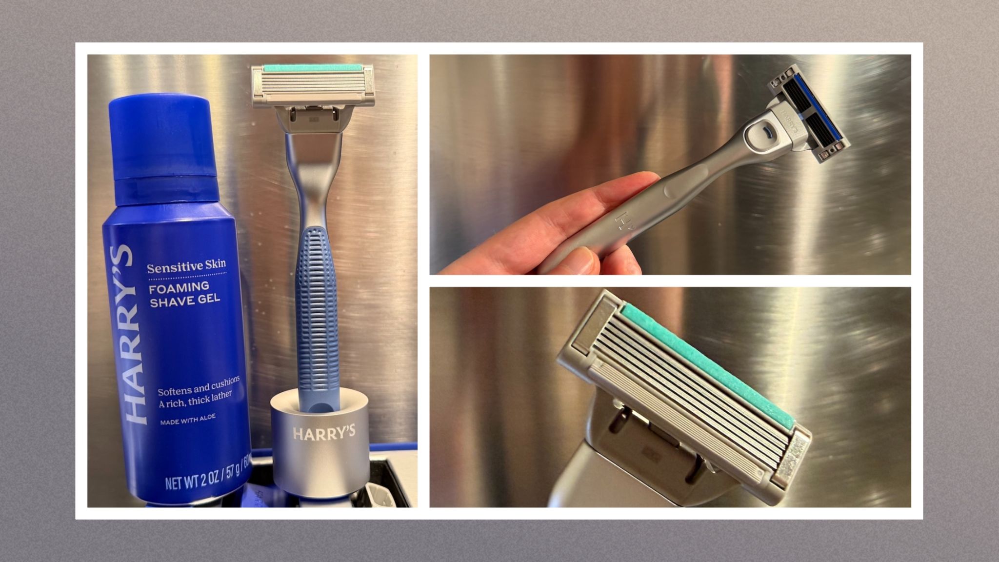 The Harry's Plus Razor against a stainless steel background