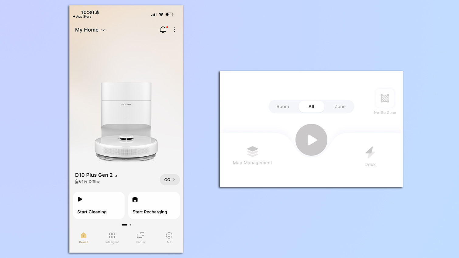 Screenshots taken from the Dreame app showing the home screen for the Dreame D10 Plus Gen 2