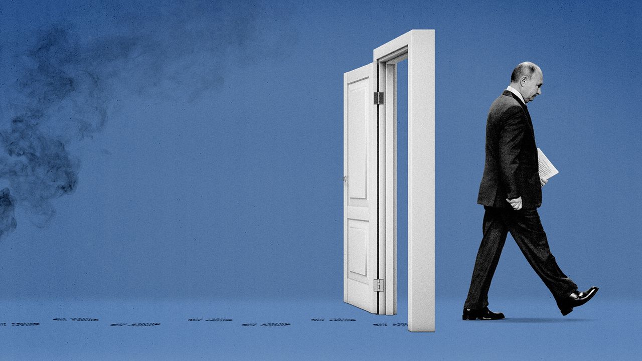 Illustration of Putin walking through a doorway