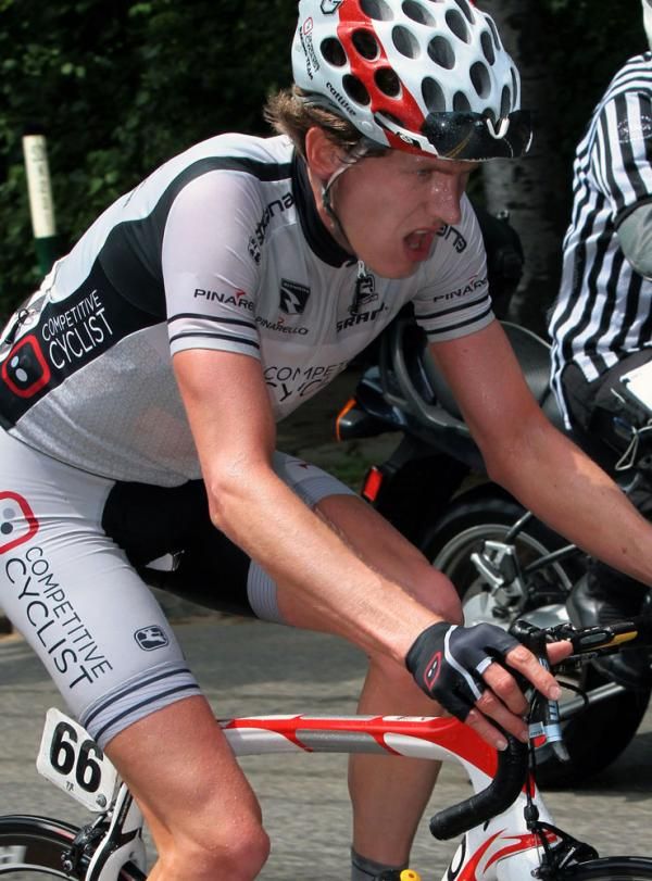 Despite the exhaustion Thomas Rabou (Competitive Cyclist Racing Team) makes every effort to hold onto that final three-man break.