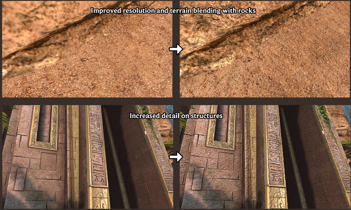 An official screenshot comparing building and world detail differences in the Quest 3 upgrade of Asgard's Wrath 2