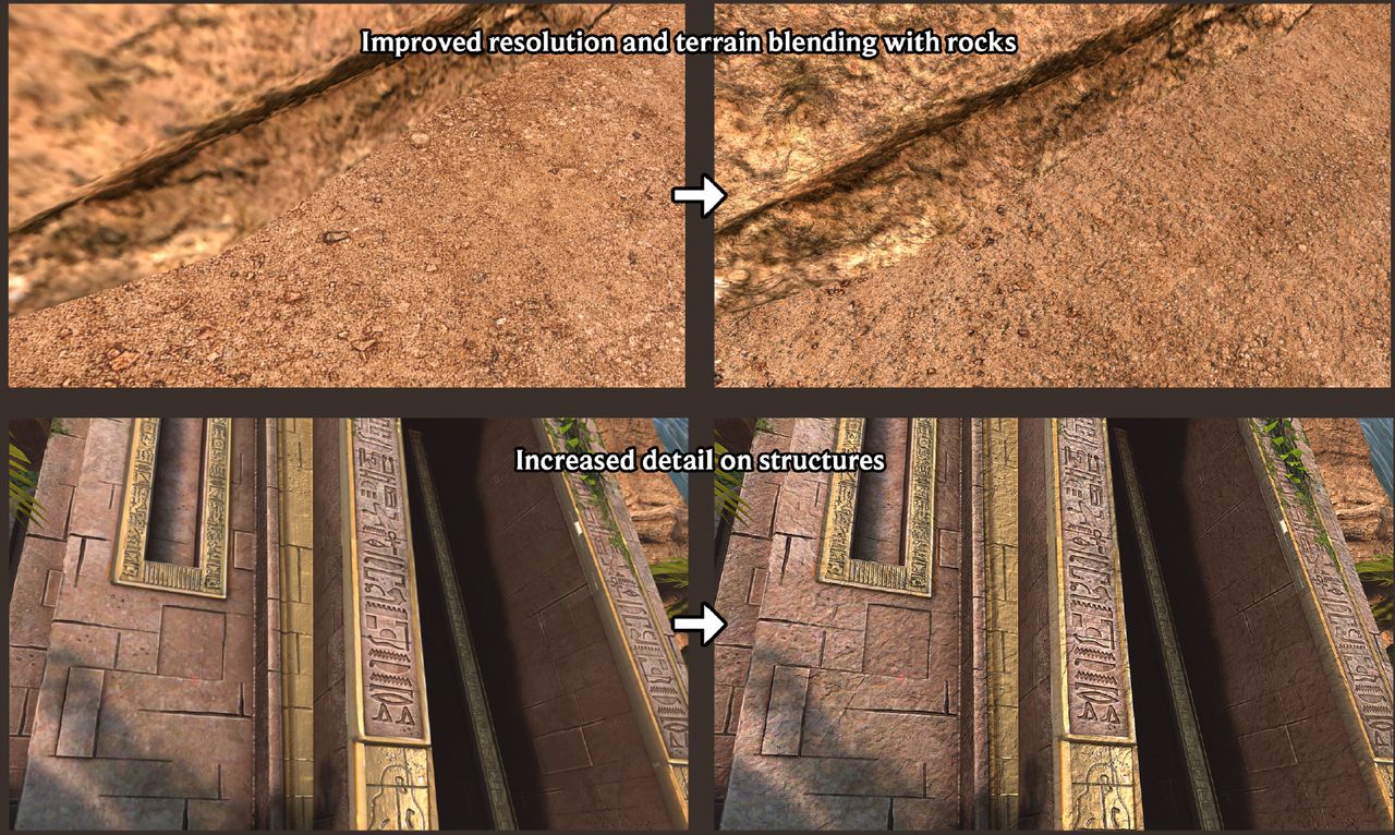 An official screenshot comparing building and world detail differences in the Quest 3 upgrade of Asgard's Wrath 2