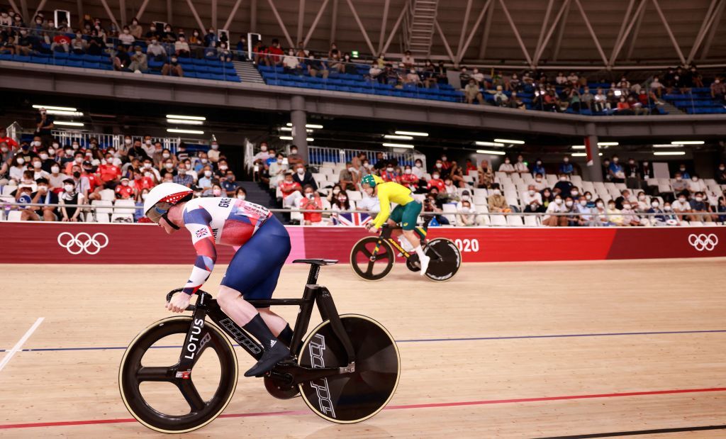 Britains Jack Carlin L and Australias Nathan Hart compete in a heat of the mens track cycling sprint 132 finals during the Tokyo 2020 Olympic Games at Izu Velodrome in Izu Japan on August 4 2021 Photo by Odd ANDERSEN AFP Photo by ODD ANDERSENAFP via Getty Images
