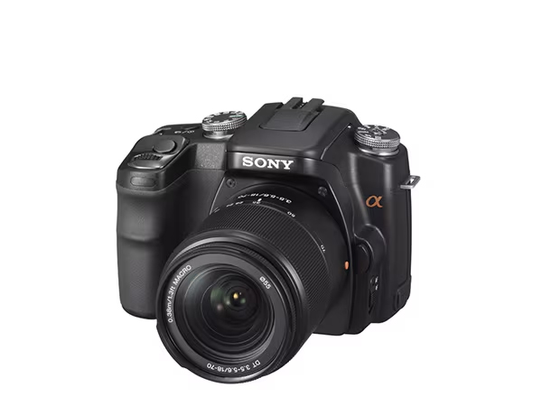 The Sony Alpha A100 DSLR on a white background