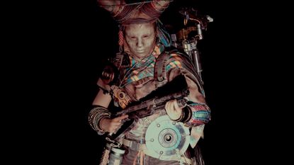 Arc Raiders character in witch huntress skin holding a shotgun in the dark