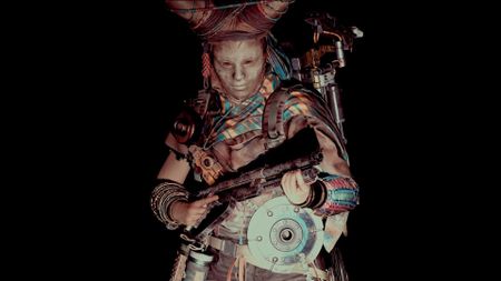 Arc Raiders character in witch huntress skin holding a shotgun in the dark
