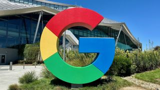 A statue of the multicolored &quot;G&quot; in Google on the Google campus in Mountain View