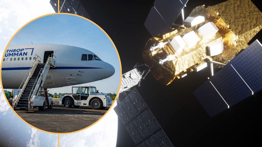 two panel image on the left is a plane and the background is a satellite in space.