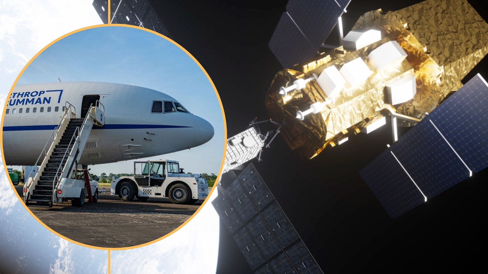 two panel image on the left is a plane and the background is a satellite in space.