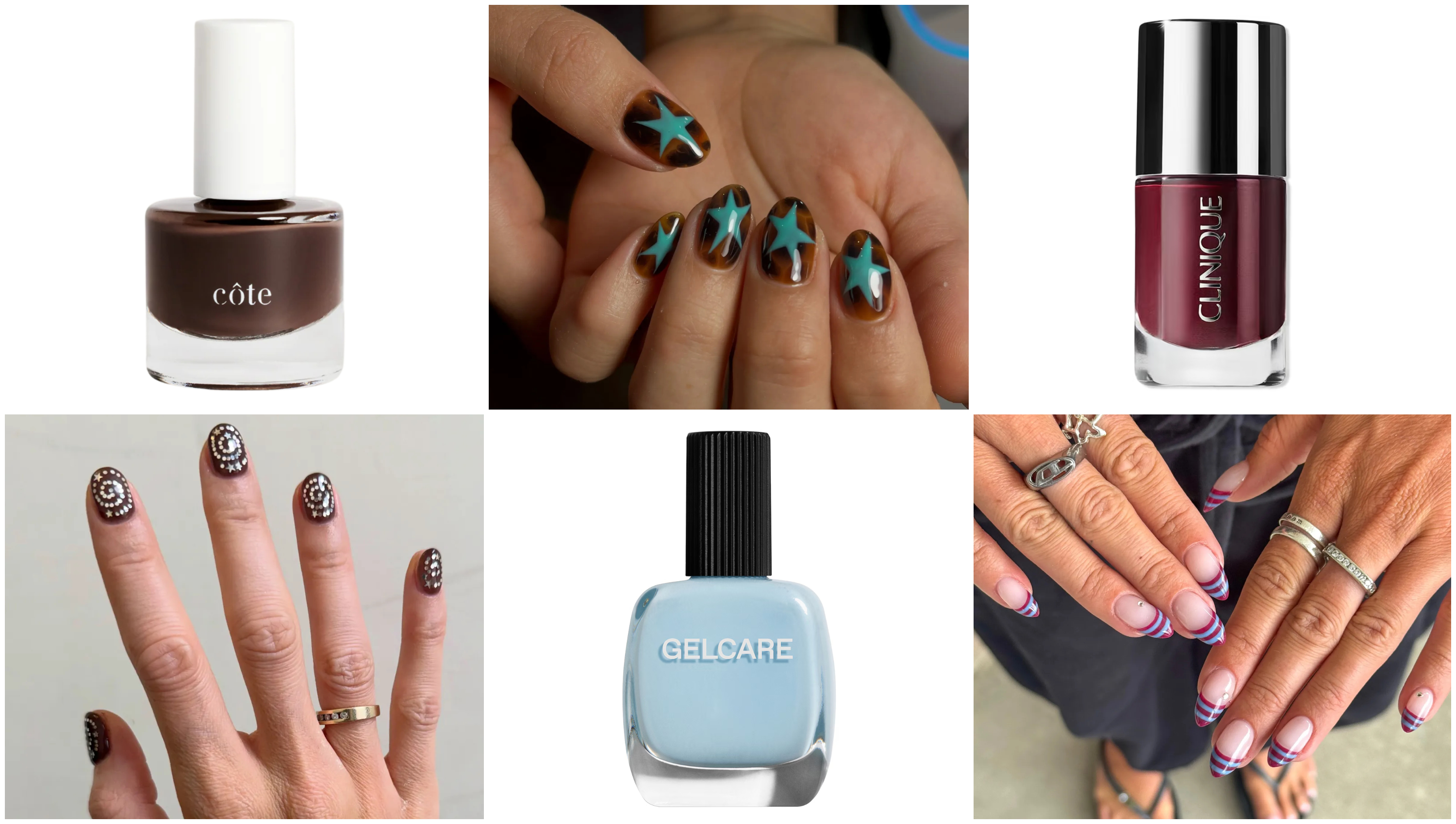 a six college image featuring three nail designs with swirls, stars, and stripes and three nail polish shades