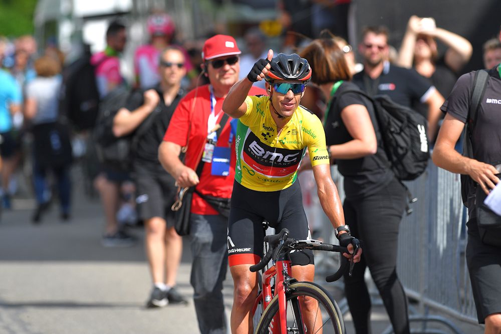 Richie Porte celebrates a successful outing after stage 6 at Tour de Suisse