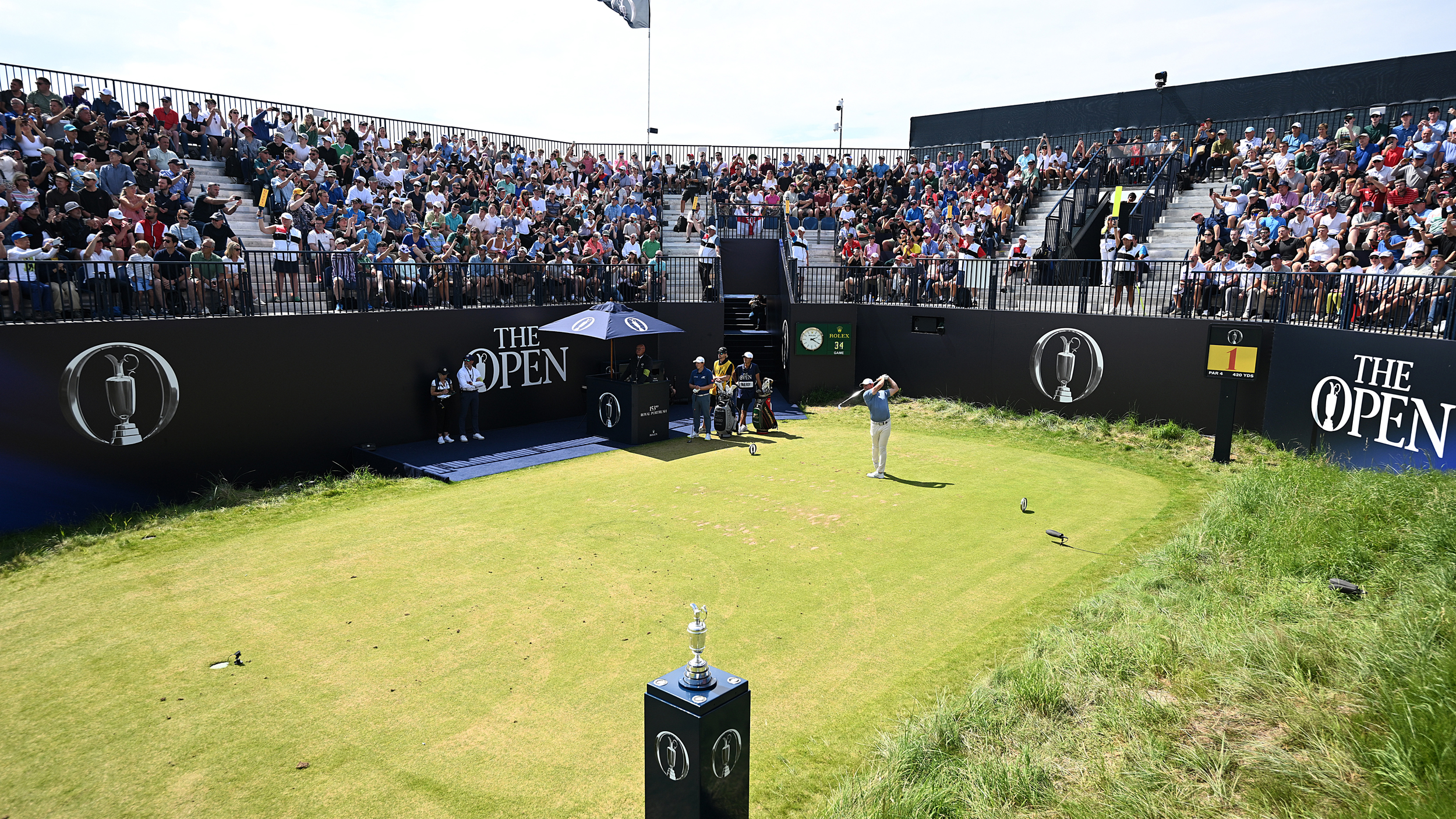 Rory McIlroy tees off the 1st at Royal Portrush in the Open final round