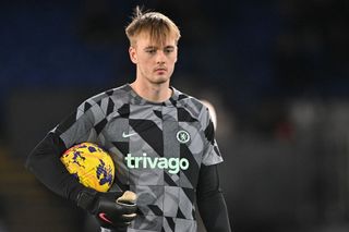 Lucas Bergstrom of Chelsea warms up before the Premier League match between Crystal Palace and Chelsea FC at Selhurst Park on February 12, 2024 in London, England.