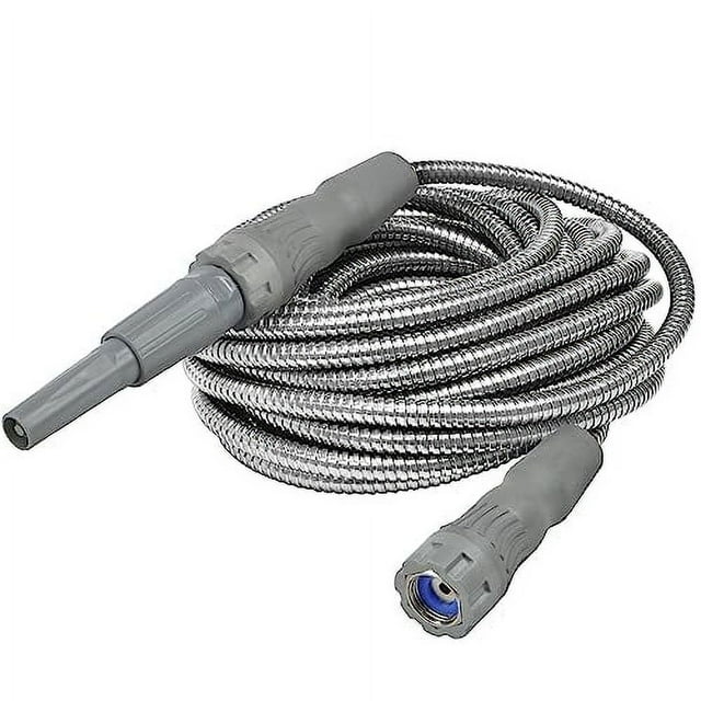 Bermini metal garden hose, coiled up, against white background.