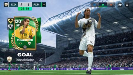 Press shot for FC Mobile codes showing Ronaldinho celebrating scoring a goal