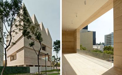 Exterior of Museo Jumex building with trees and grass 