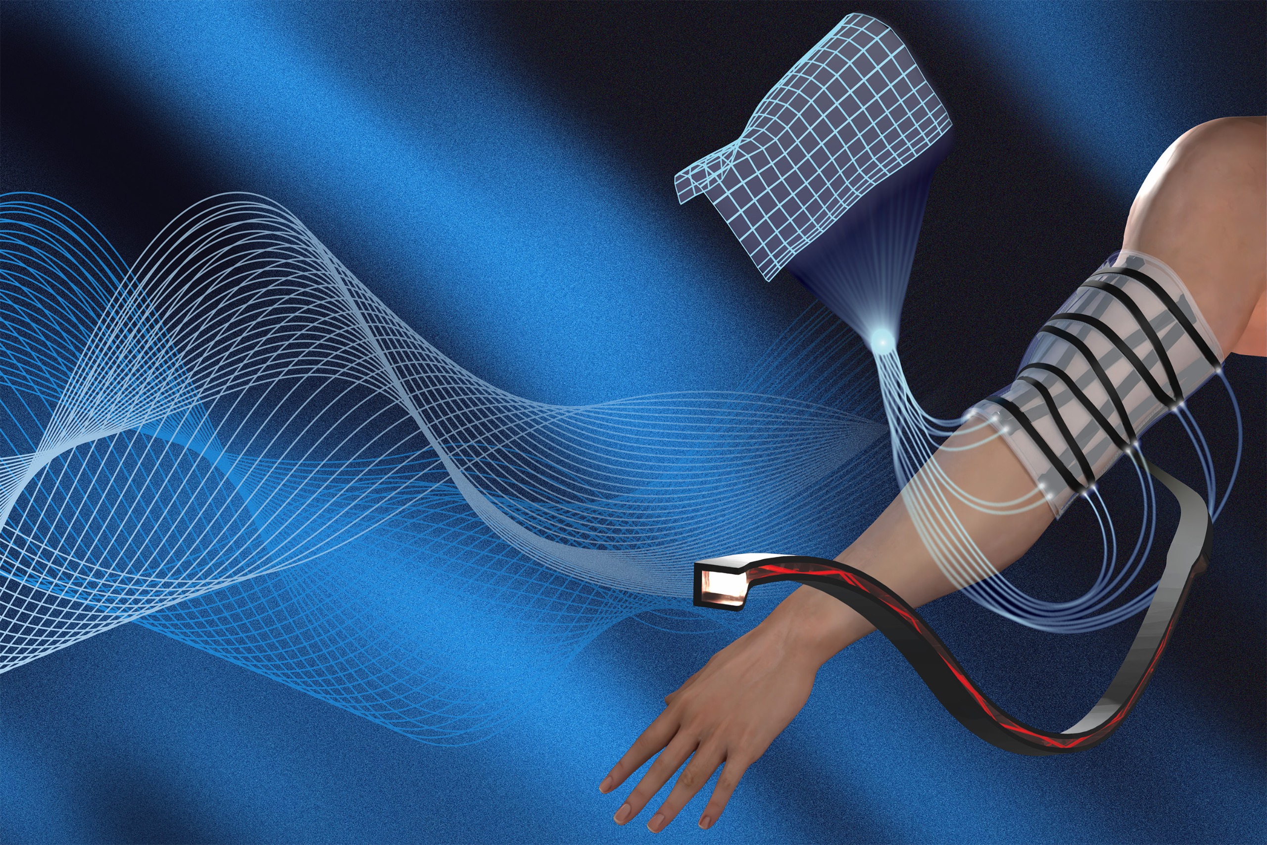 Illustration of an arm in a sleeve striped with optical fibers, linked by lines of light to a wireframe of the sleeve&rsquo;s shape.