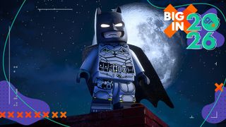 A lego version of Batman standing on a rooftop in front of a large moon, taken from Lego Batman: Legacy of the Dark Knight