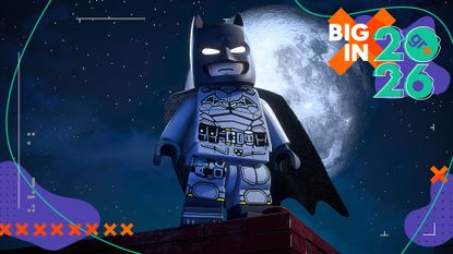 A lego version of Batman standing on a rooftop in front of a large moon, taken from Lego Batman: Legacy of the Dark Knight
