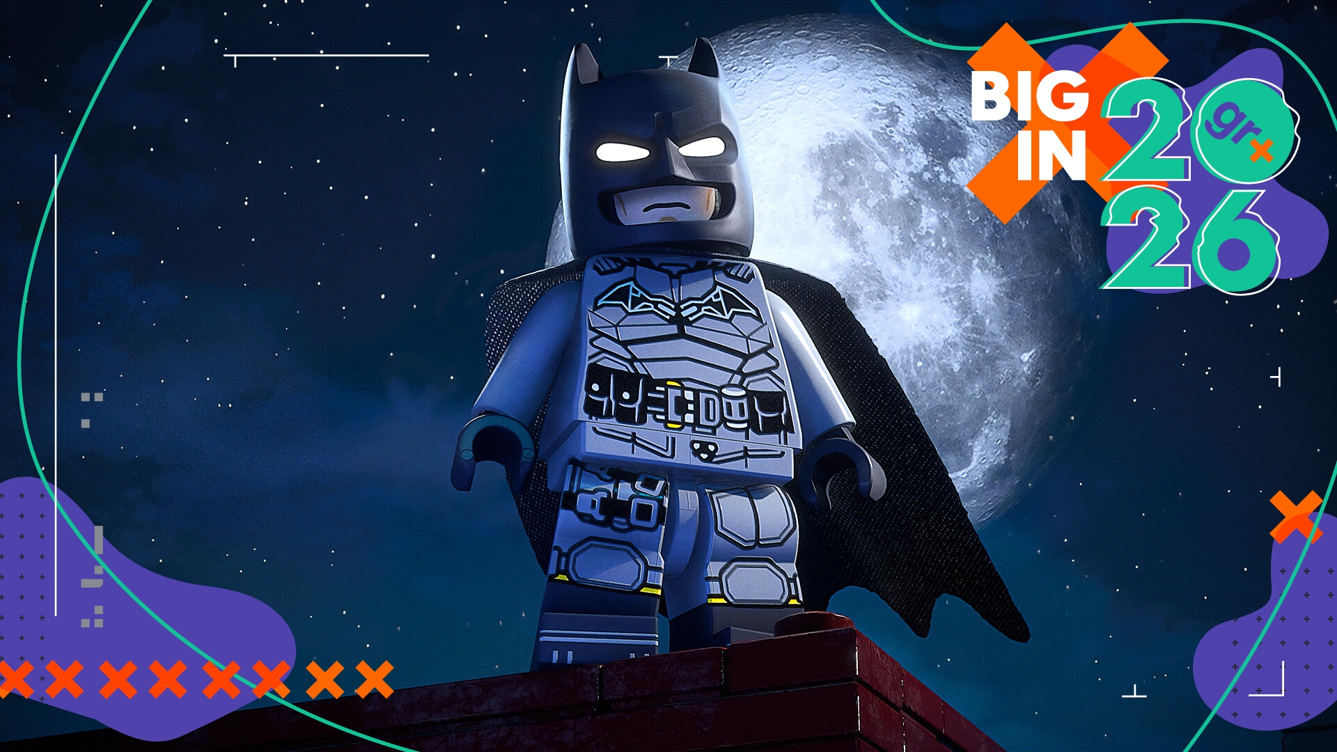A lego version of Batman standing on a rooftop in front of a large moon, taken from Lego Batman: Legacy of the Dark Knight