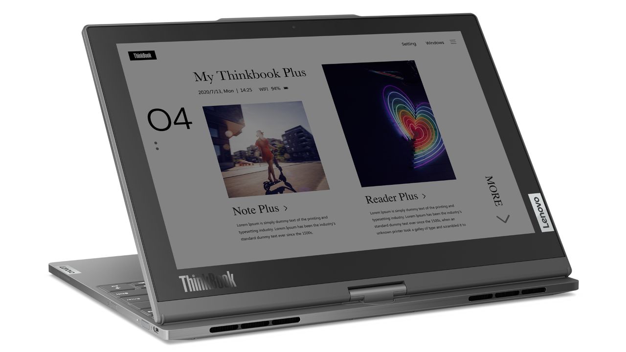 Lenovo ThinkBook Twist, open and seen from back.