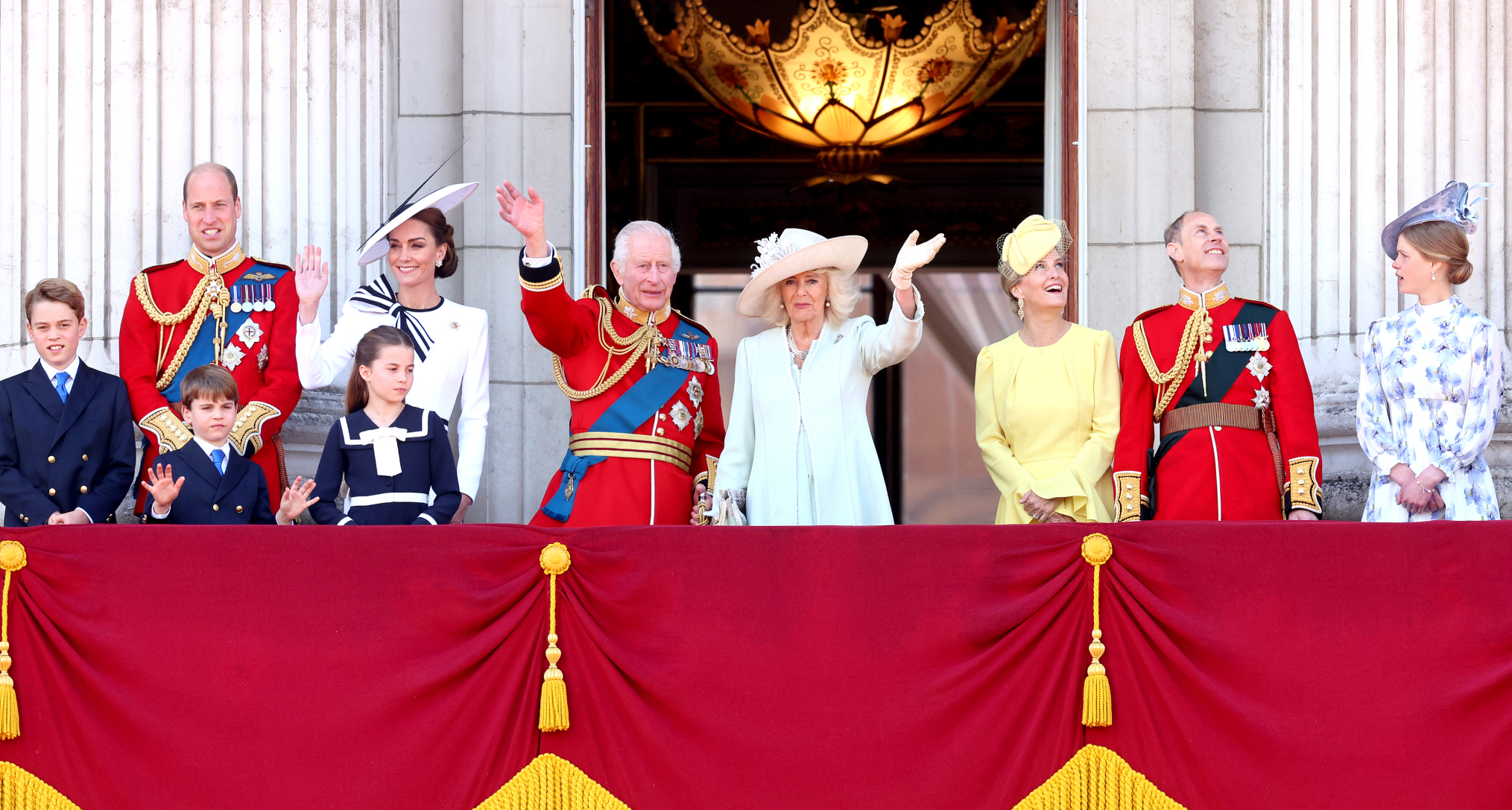King Charles, Queen Camilla, Prince William, Princess Kate, Prince George, Princess Charlotte, Prince Louis, Prince Edward, Duchess Sophie, Lady Louise on the balcony at Trooping the Colour 2024