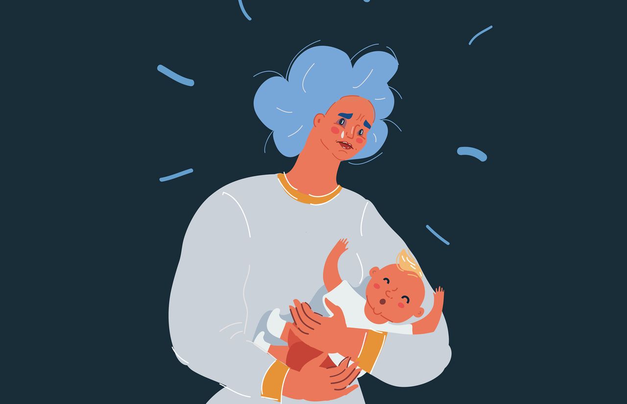 Illustration of a woman with postpartum psychosis and her newborn baby