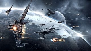 A screenshot of one of EVE Online's space battles during one of the best space games, EVE Online.