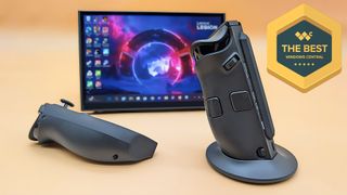 The Lenovo Legion Go 2 right controller in its FPS mode base with the let controller lying down. The Legion Go 2 is propped up on its kickstand behind them.