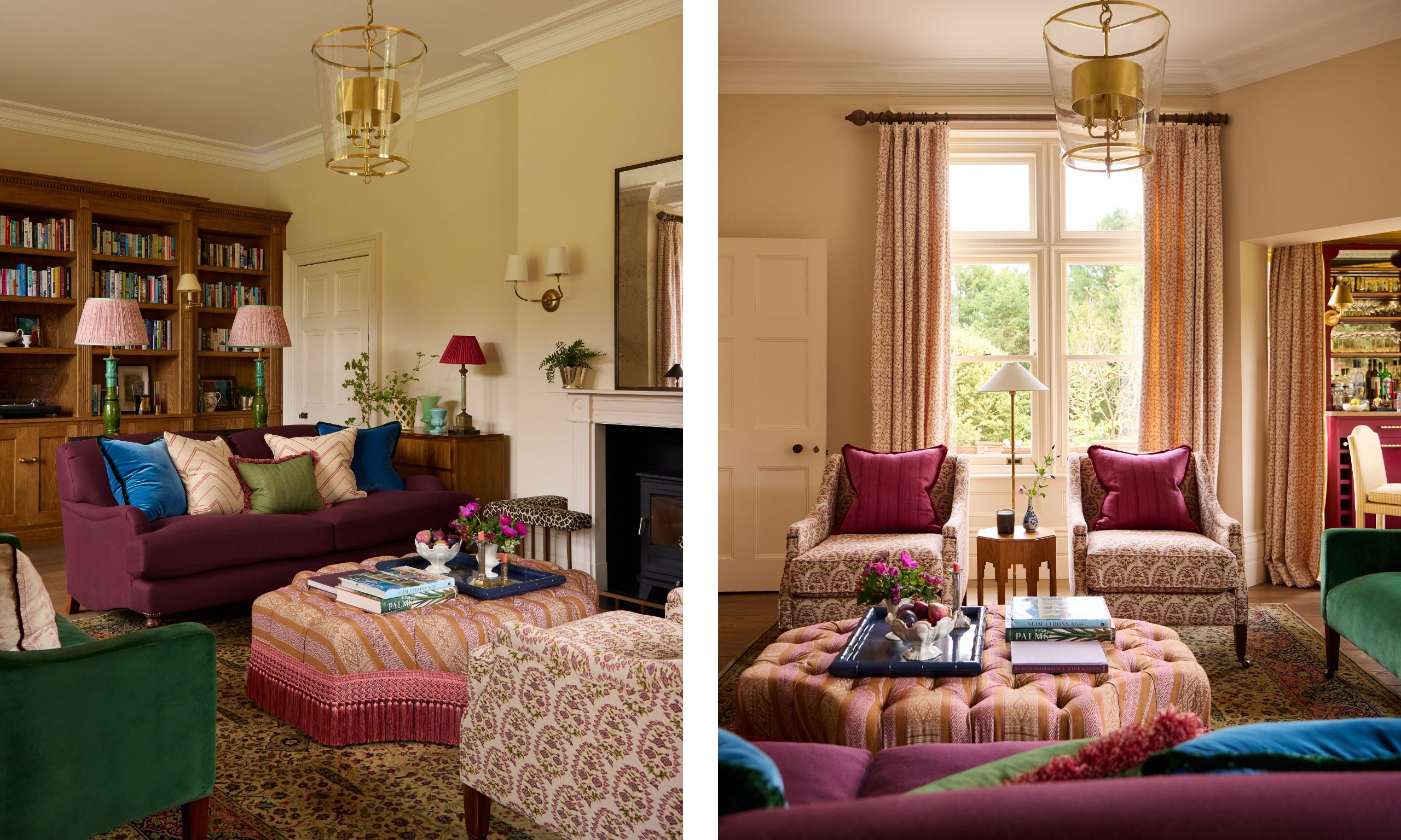 Two images of a traditional drawing room in a country home with off-white walls, a wall of wooden bookshelves, a fireplace, plum sofa, patterned ottoman, two patterned armchairs, and a large window with patterned curtains.