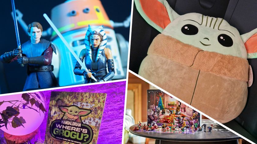 Anakin and Ahsoka action figures, a Grogu Squishmallow, a Where&#039;s Grogu book, and the Lego Advent Calendar 2025 divided by white lines