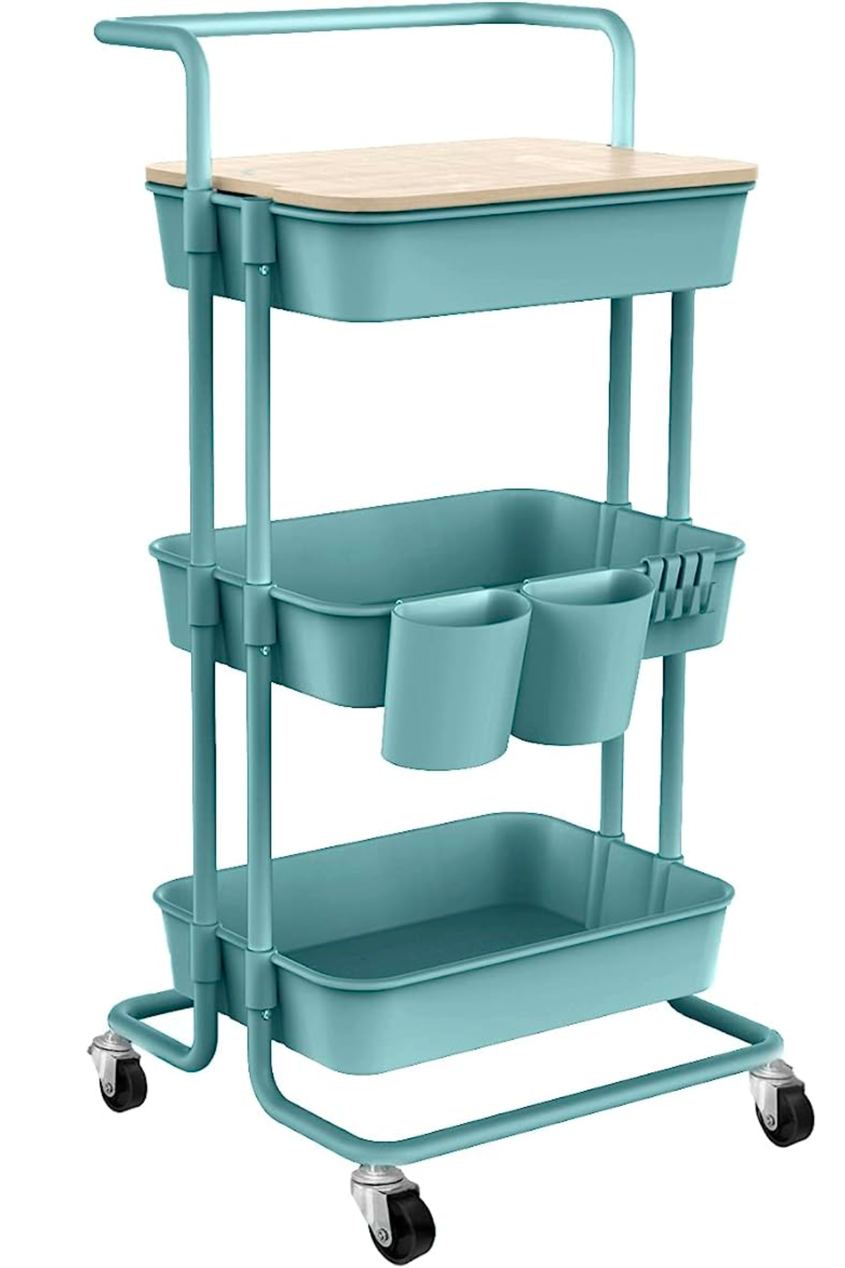 DTK 3 Tier Utility Rolling Cart with Cover Board, Rolling Storage Cart, H&le & Locking Wheels Kitchen Cart with 2 Small Baskets & 4 Hooks for Bathroom Office Balcony Living Room(Turquoise)Large