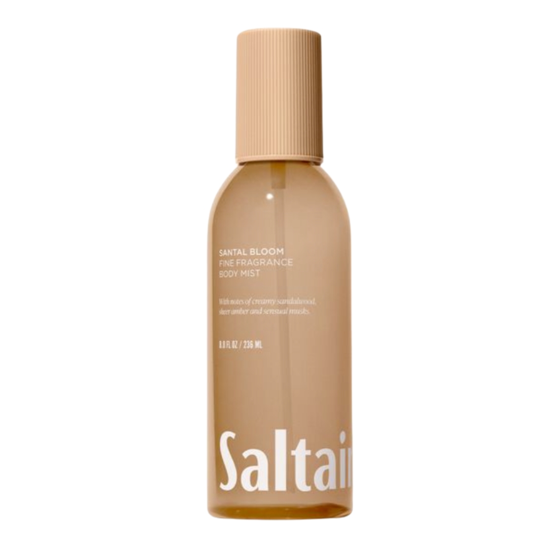 A product shot of the Saltair Santal Bloom body mist, on a white background