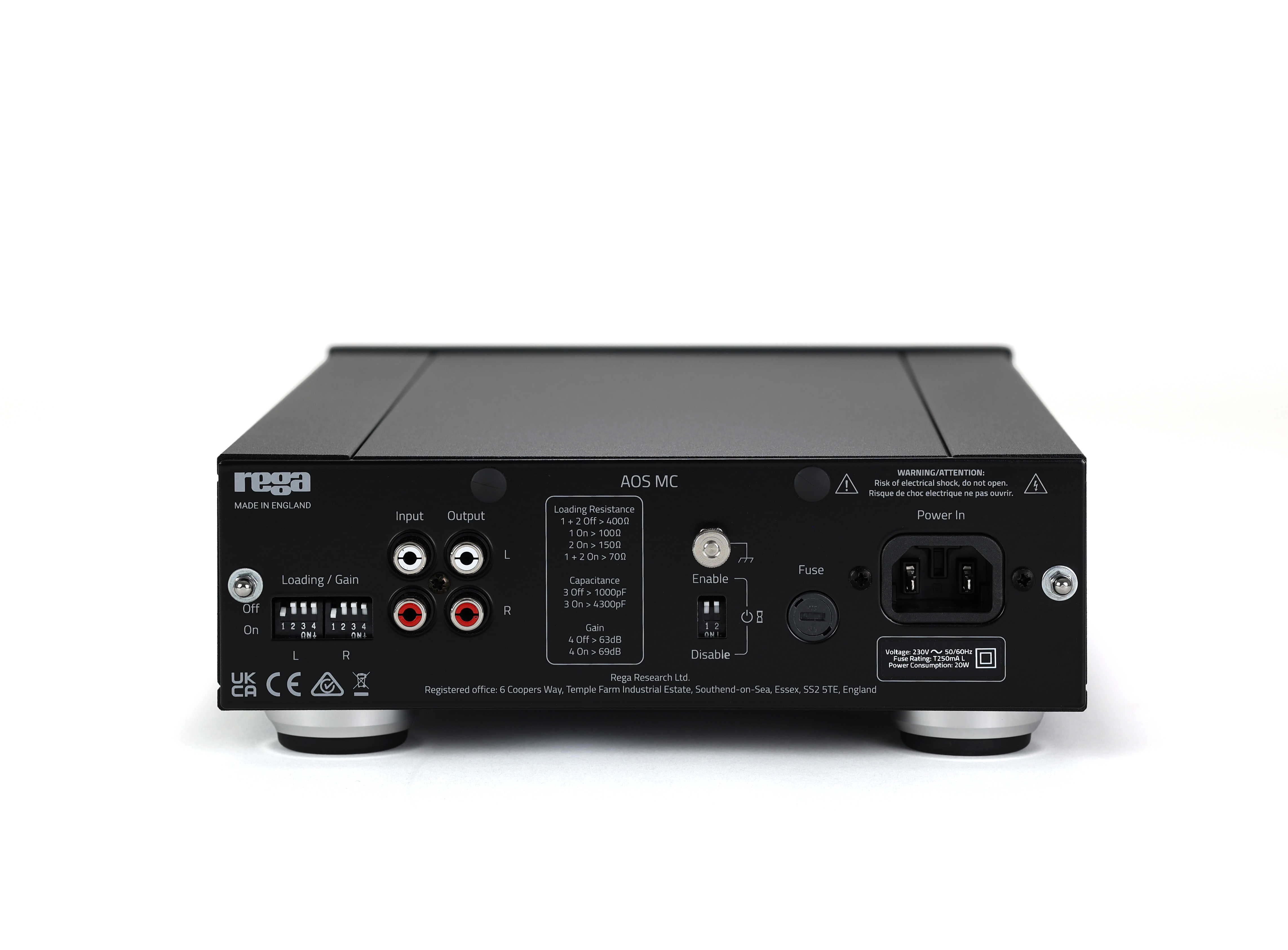 Rega Aos MC phono stage in black rear panel shot