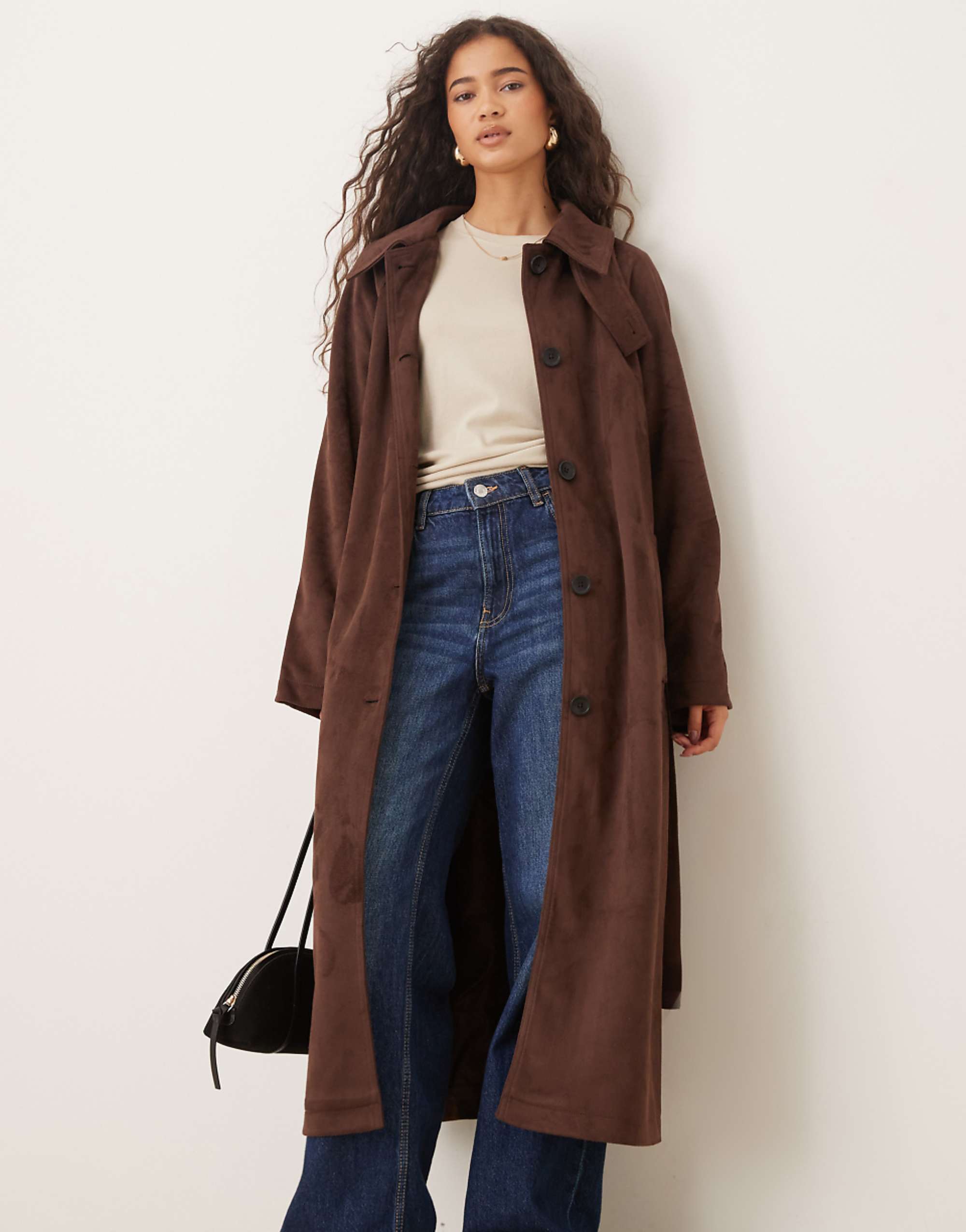 Asos Design Faux Suede Funnel Neck Trench Coat in Chocolate
