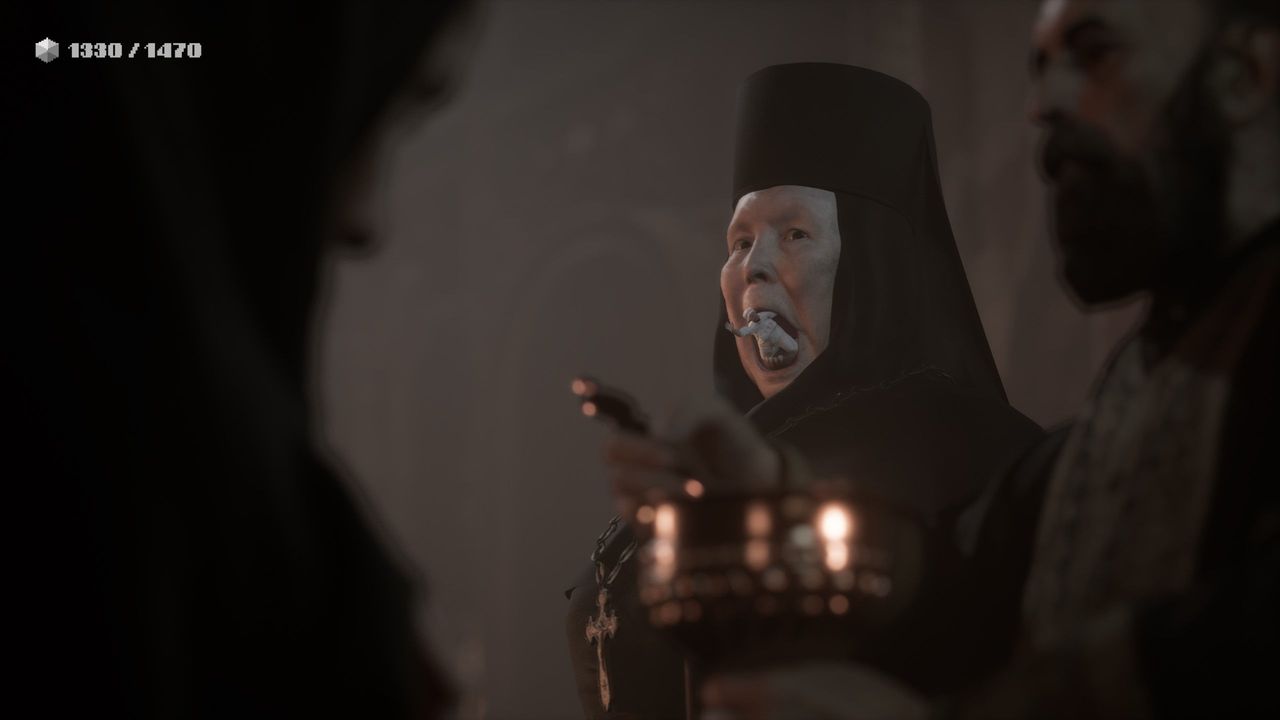 Indika screenshot of surreal opening with nuns.,