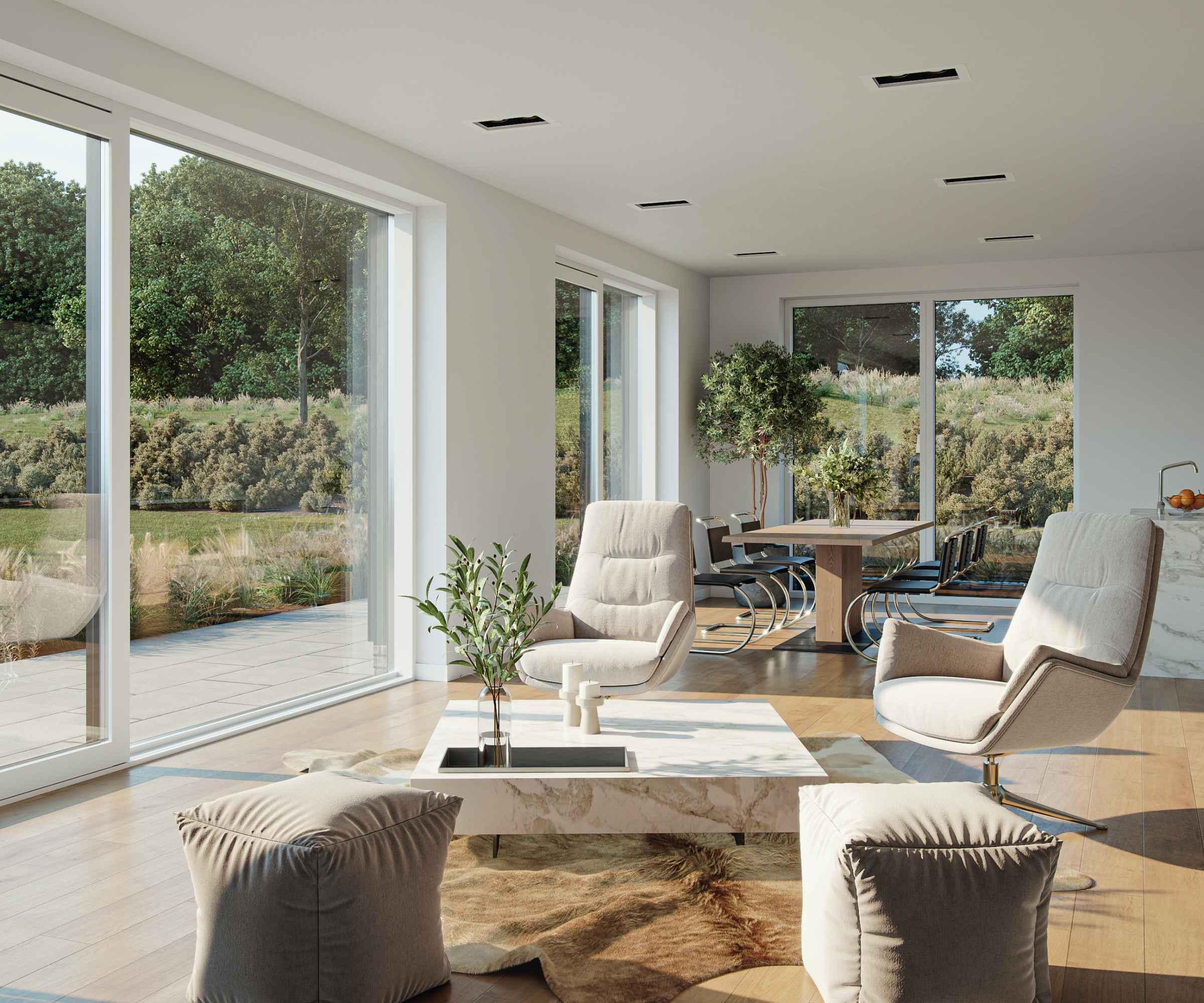 white sliding patio doors in living room decorated with wooden floor using neutral coloured furniture