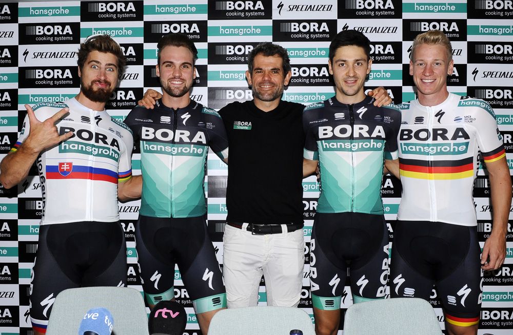 Bora-Hansgrohe team manager Ralph Denk poses with his lead riders (l-r) Peter Sagan, new signing Maximilian Schachmann, Emanuel Buchmann and Pascal Ackermann