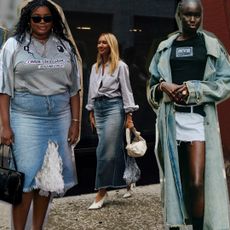 five images of women wearing denim skirts, a white mini denim skirt, blue midi denim skirt, and blue long maxi skirt