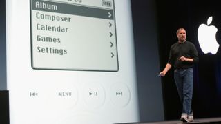 Steve Jobs speaking about the iPod on stage