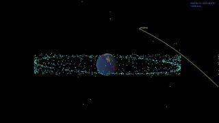 A depiction of Apophis flying past the ring of satellites surrounding Earth in April 2029.